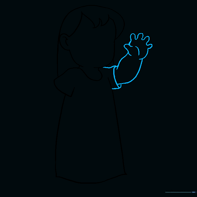 Drawing the second sleeve and Lilo's arm with fingers.