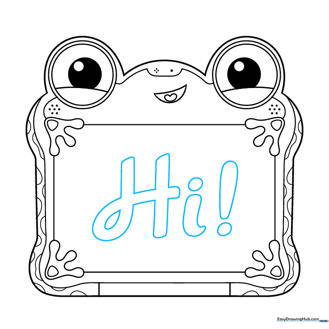 Writing the word 'Hi!' in cursive script on the center of the tablet screen.