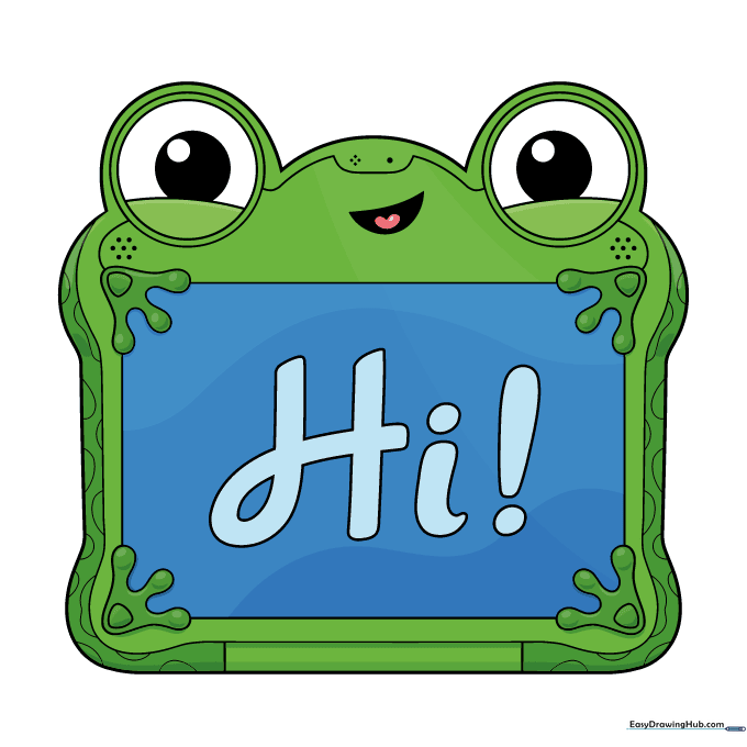 Fully colored Lilypad character with green body, white eyes, pink tongue, and blue screen.