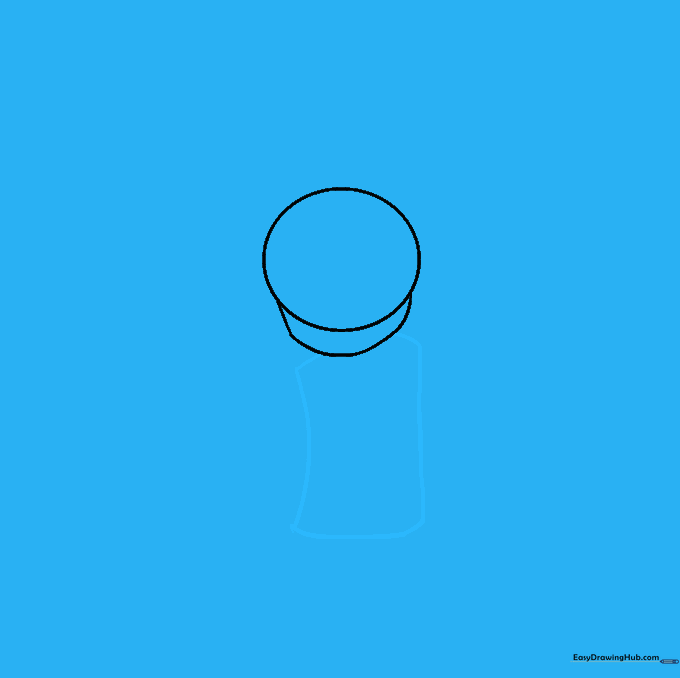 A rectangular torso shape sketched beneath the head to establish the character's body proportion.