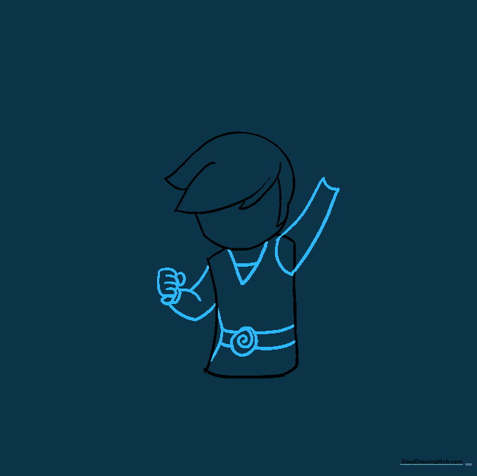 Detailed sketch of Link's arms, tunic neckline, and belt buckle with spiral design.