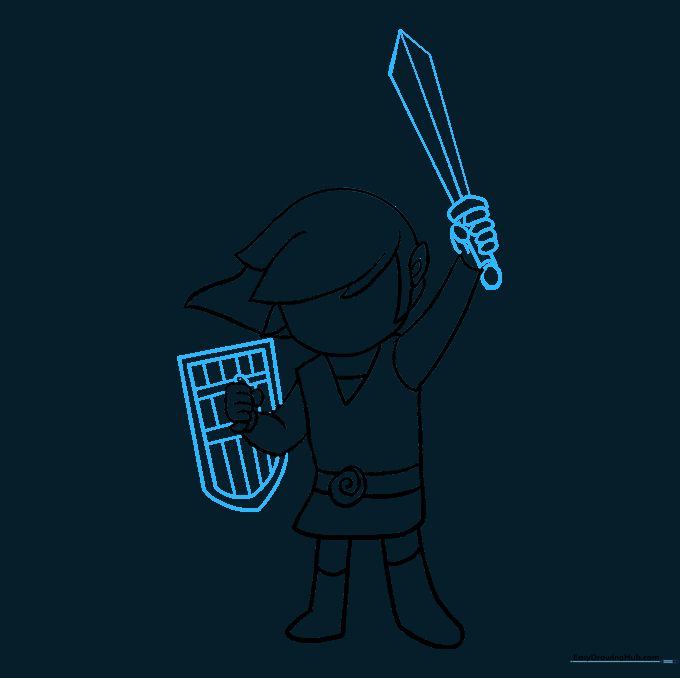 Link holding his rectangular shield and sword, with detailed hilt and blade.