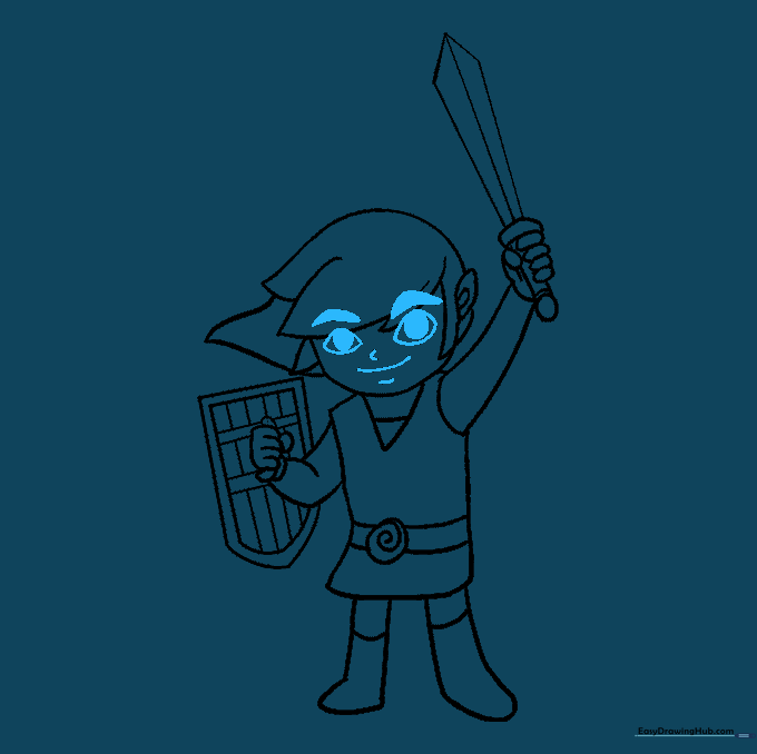 Close-up of Link's face with expressive eyes, eyebrows, and mouth added.