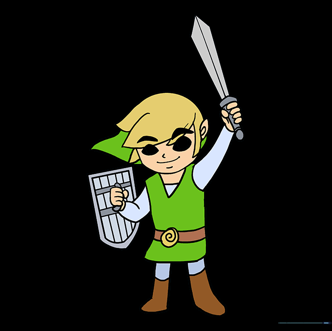 The final colored drawing of Link wearing his green tunic and holding his gear.