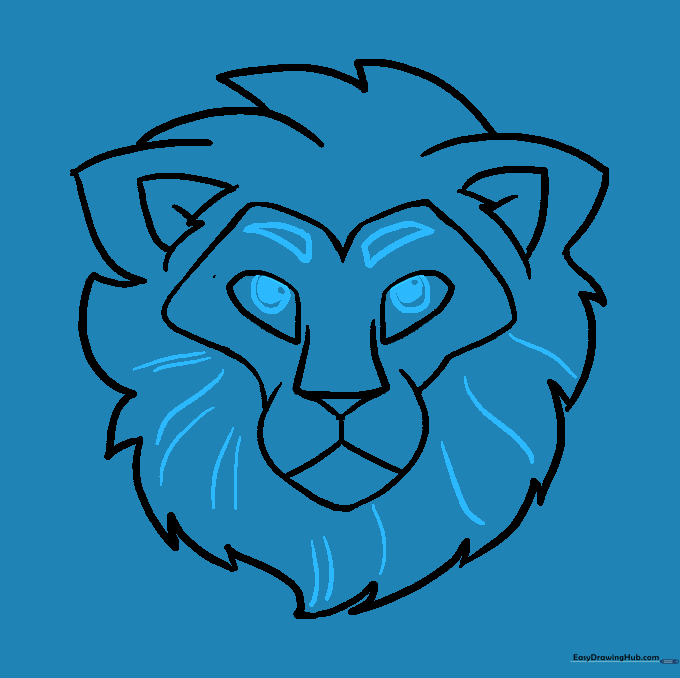 Adding final details like eyebrows and pupils to the lion's eyes.