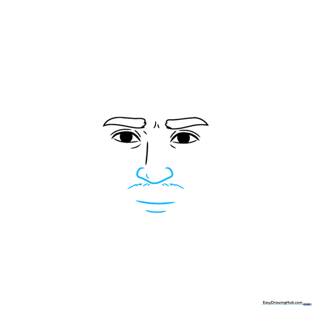 Sketching the nose, mouth, and initial mustache lines for Messi.