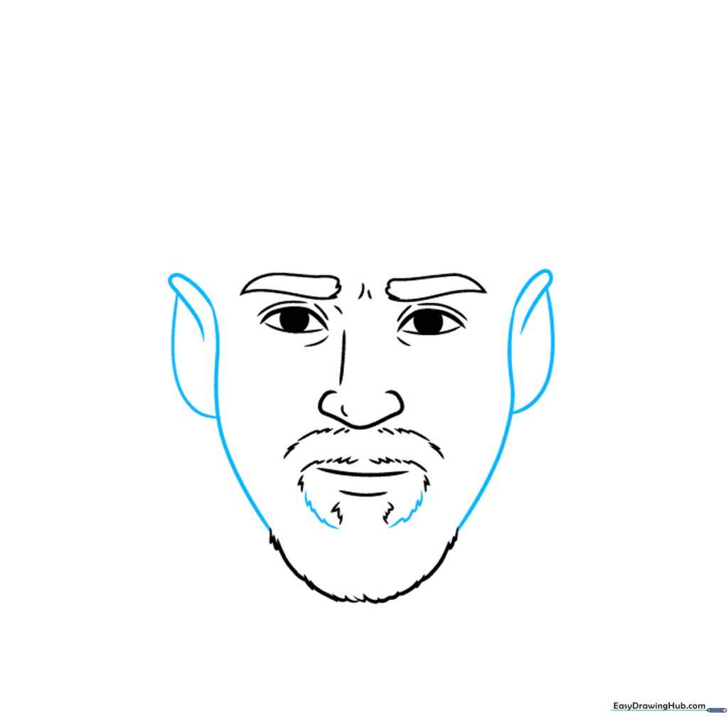 Outlining the face shape and ear placement for the portrait.