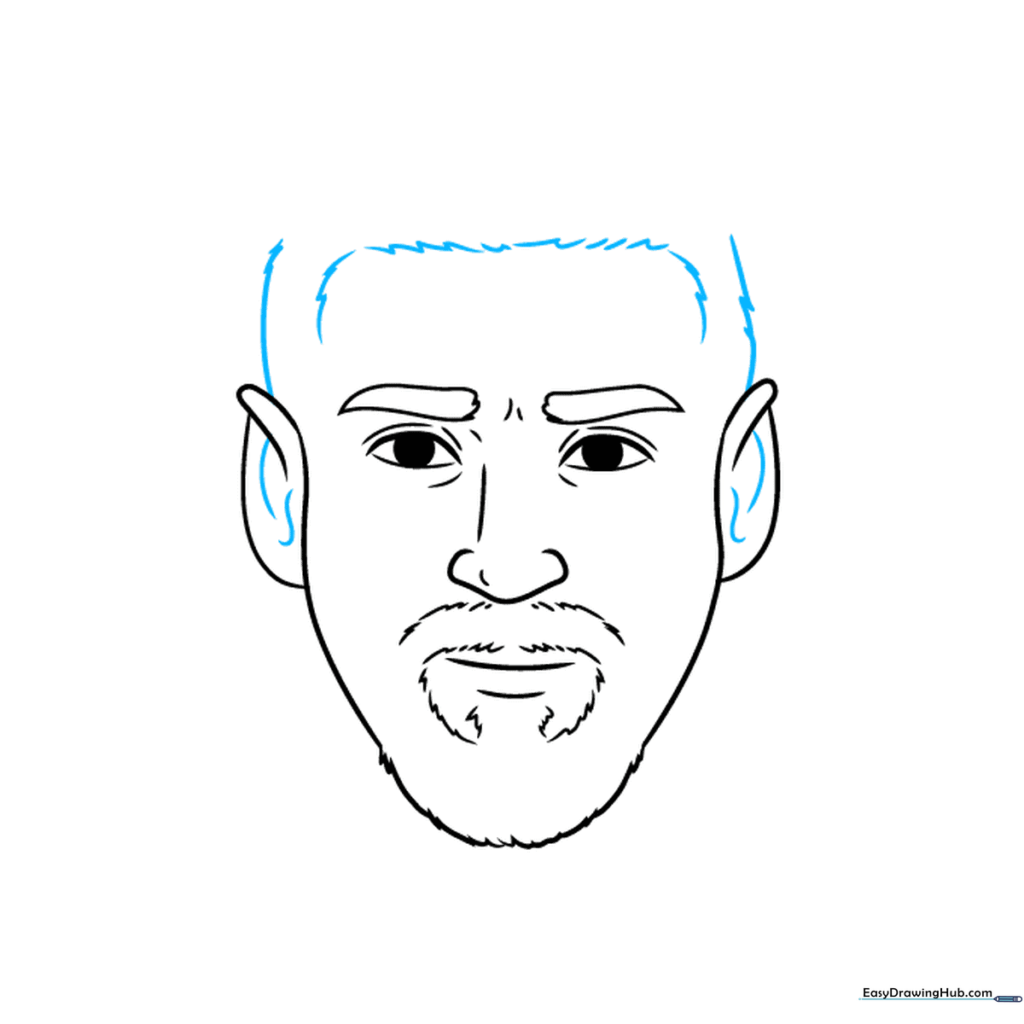Adding ear contours and starting the hairline sketch.