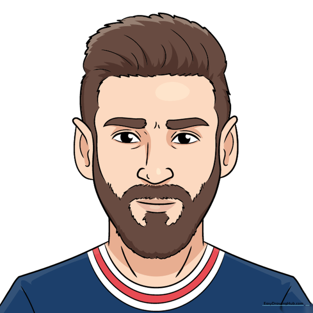 Finished Lionel Messi drawing colored with brown hair and team jersey colors.