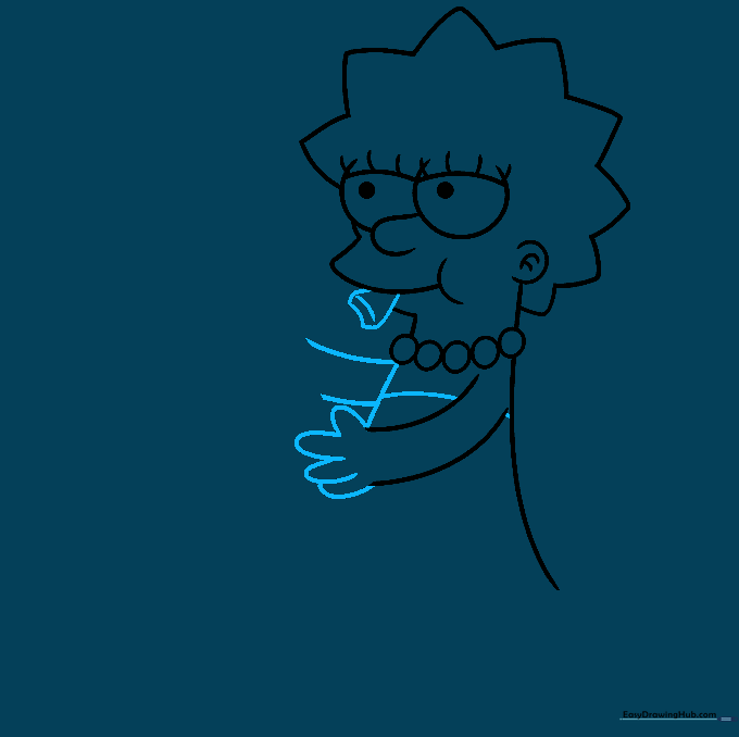 Detailed sketch of Lisa Simpson's arms and hands holding the mouthpiece of her saxophone.