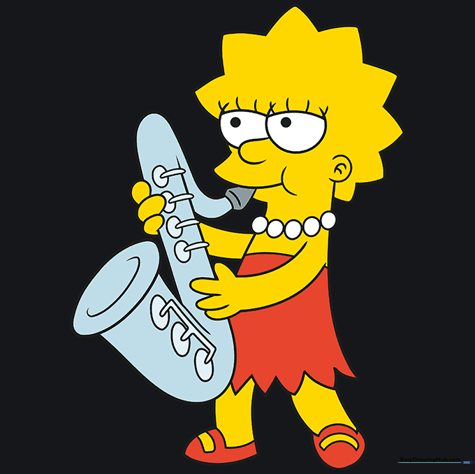 Completed and colored drawing of Lisa Simpson with yellow skin and a red dress.
