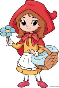 A finished, colorful drawing of Little Red Riding Hood holding a basket and flower.