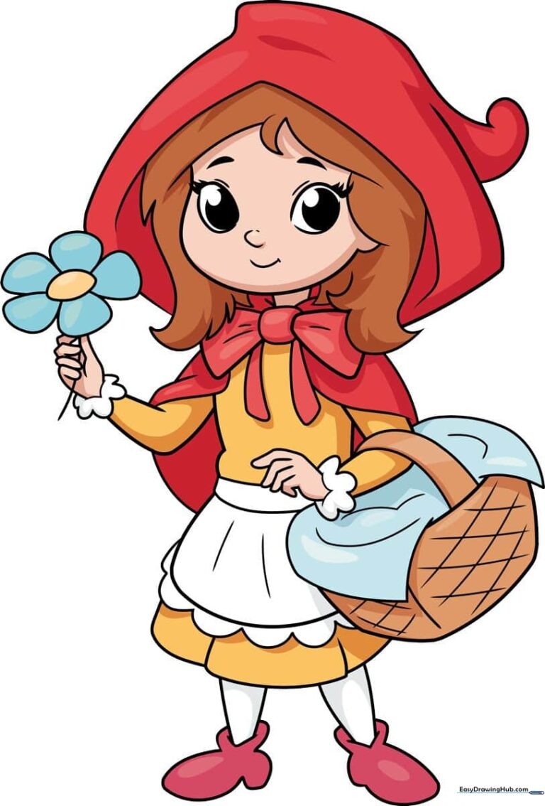 A finished, colorful drawing of Little Red Riding Hood holding a basket and flower.