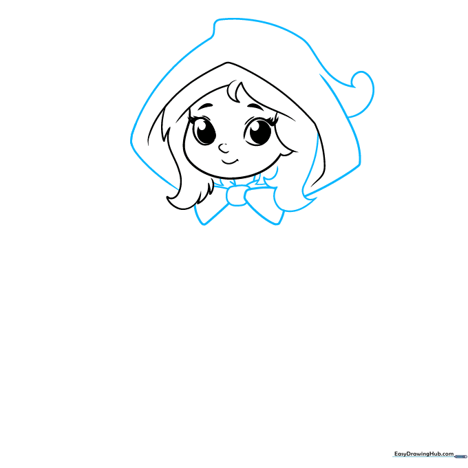 Drawing the neck, bow, and the large curved hood.