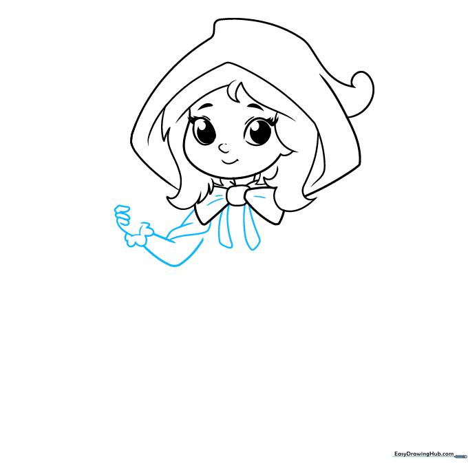 Adding detail to the bow and drawing the arm with a lacey sleeve cuff.