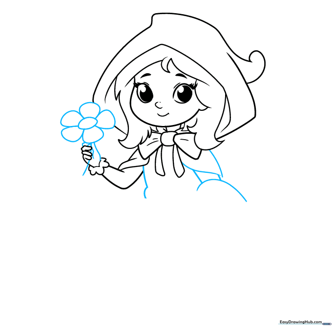 Drawing a small flower in the character's hand and sketching the torso.