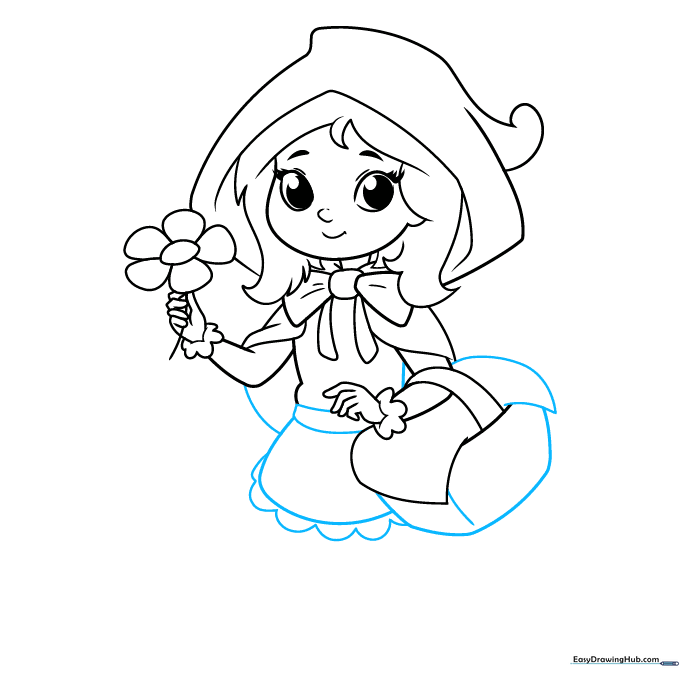 Drawing the belt, skirt, and flowing cape.