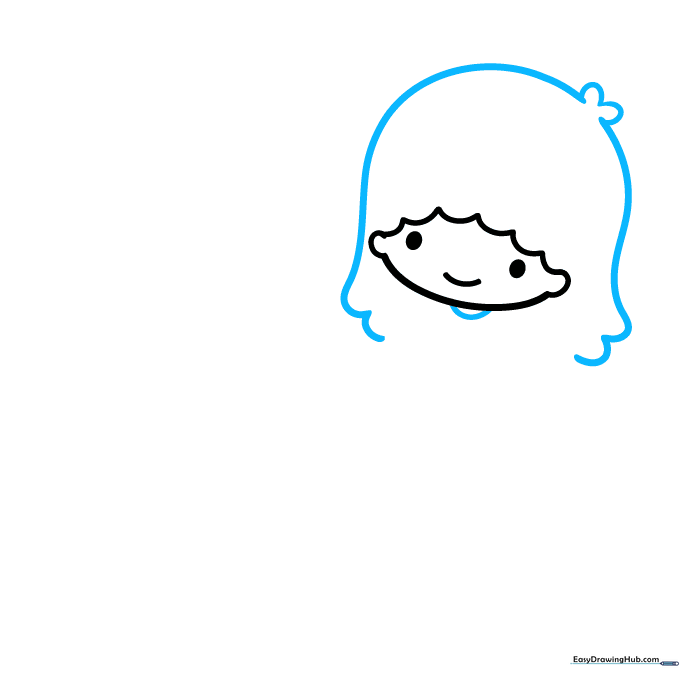Drawing showing the addition of long, flowing hair strands around Lala's head.