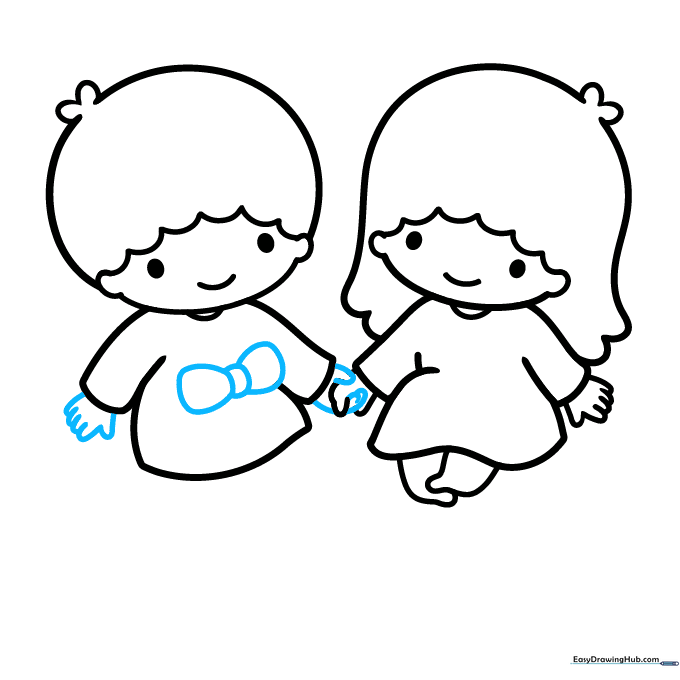 Drawing the bow on Kiki's gown and connecting the two characters by their hands.