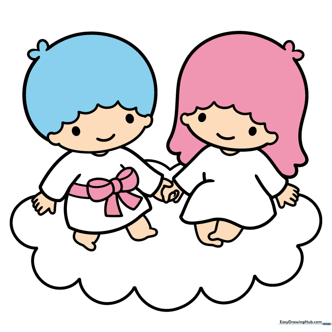 The finished, colored drawing of the Little Twin Stars on a cloud.