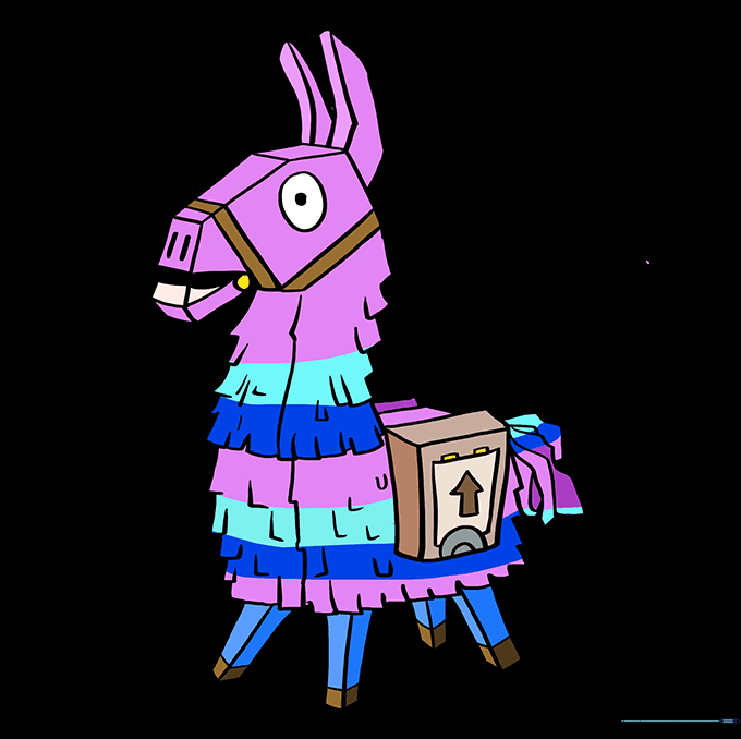 The finished, colored Fortnite Loot Llama drawing.