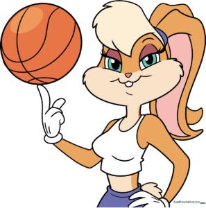 Colorful illustration of Lola Bunny holding a basketball, ready for a drawing tutorial.