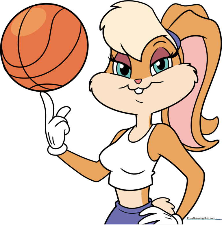 Colorful illustration of Lola Bunny holding a basketball, ready for a drawing tutorial.