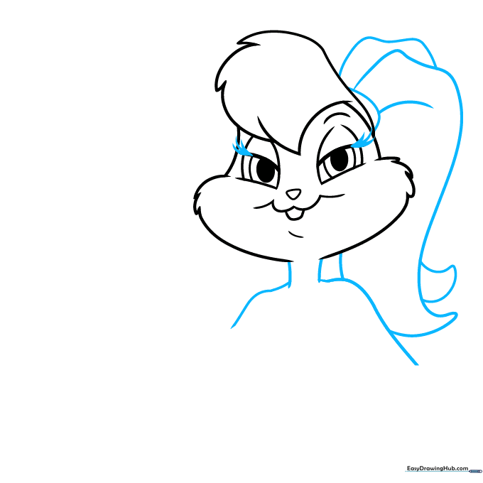 Lola Bunny drawing showing long ears, ponytail, and eyelashes.