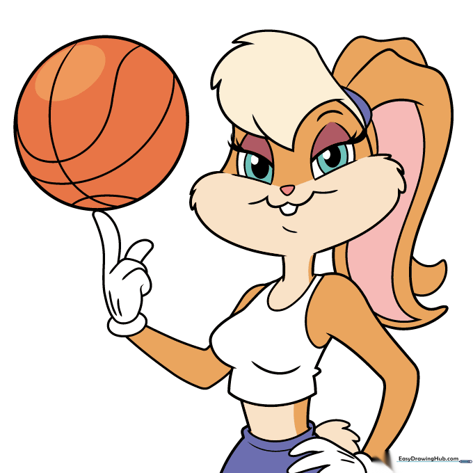 Finished, colored drawing of Lola Bunny holding a basketball.