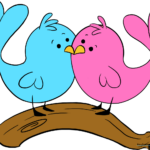 A colorful, finished drawing of two love birds sitting on a branch.