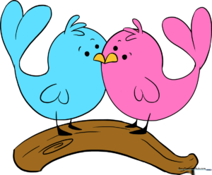 A colorful, finished drawing of two love birds sitting on a branch.