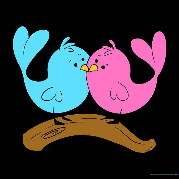 The finished love birds drawing colored in pink and blue.
