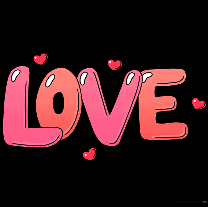 Final colored version of the word Love in bubble letters with hearts.