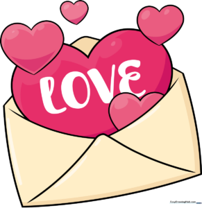 A colorful, finished illustration of a love letter surrounded by floating hearts.