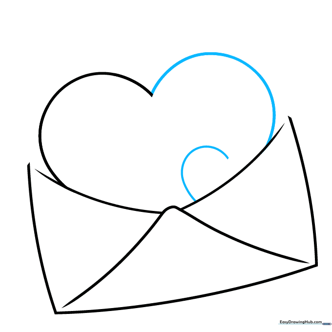 A large heart shape emerging from the envelope with a smaller heart beginning to form.