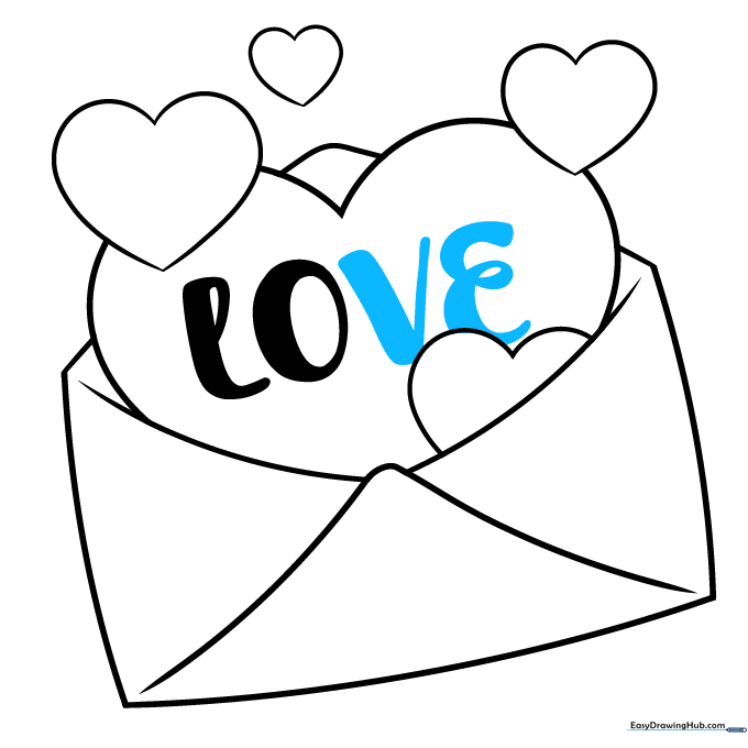 The completed word LOVE written in script on the heart.