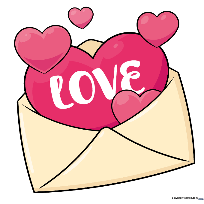 The finished, colored drawing of a love letter with hearts.