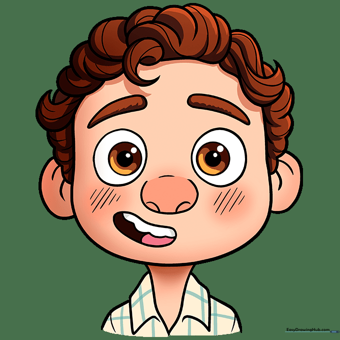 The final colored drawing of Luca with brown hair and a plaid shirt.