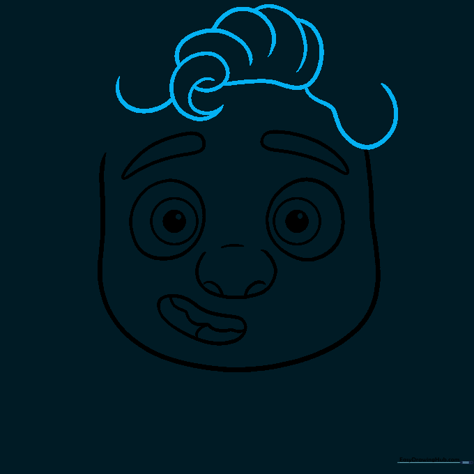 Drawing the hair with a distinct spiral lock on the forehead.
