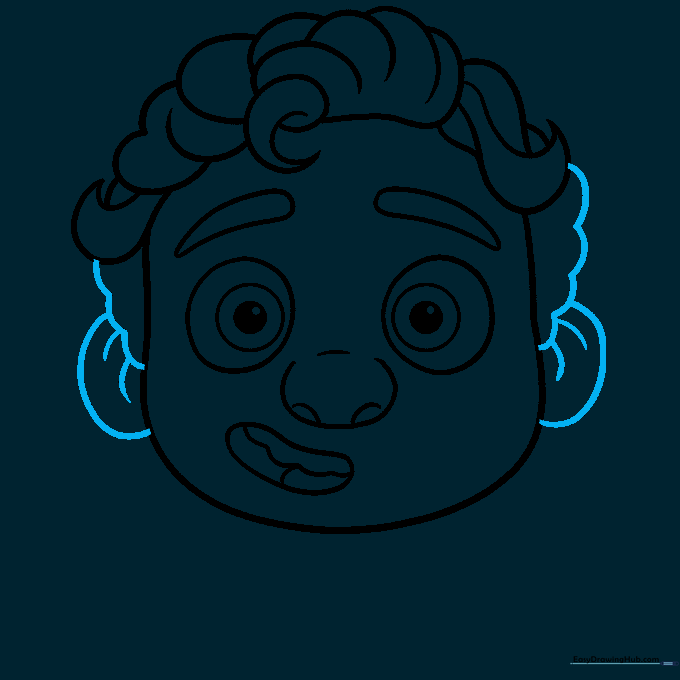 Adding ears and finishing the hair outline with wavy lines.