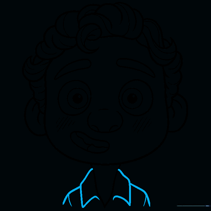 Finalizing the shirt collar and shoulders to complete the character outline.
