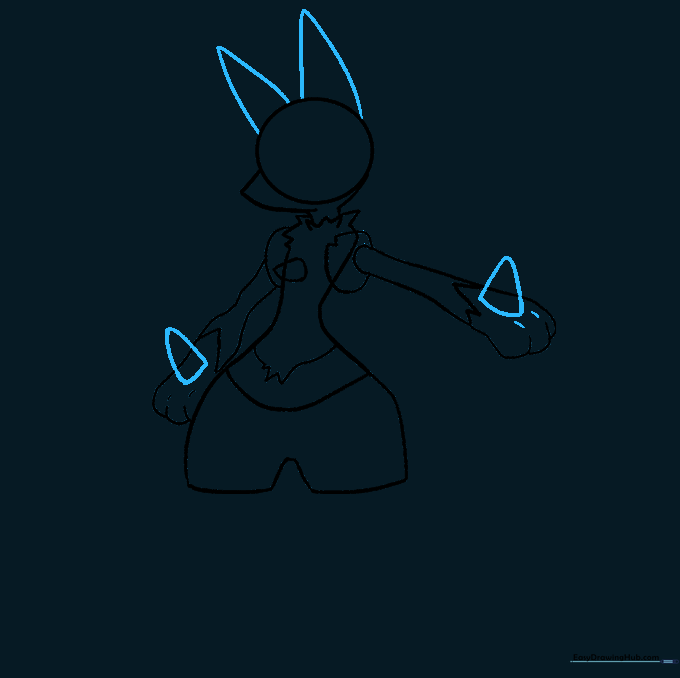 Sketching Lucario's tall ears and hand spikes