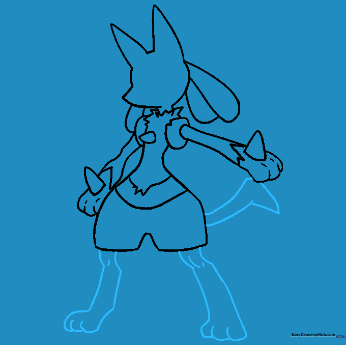 Drawing the tail and powerful legs for Lucario