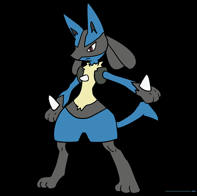 Final colored Lucario drawing with blue, grey, and yellow tones