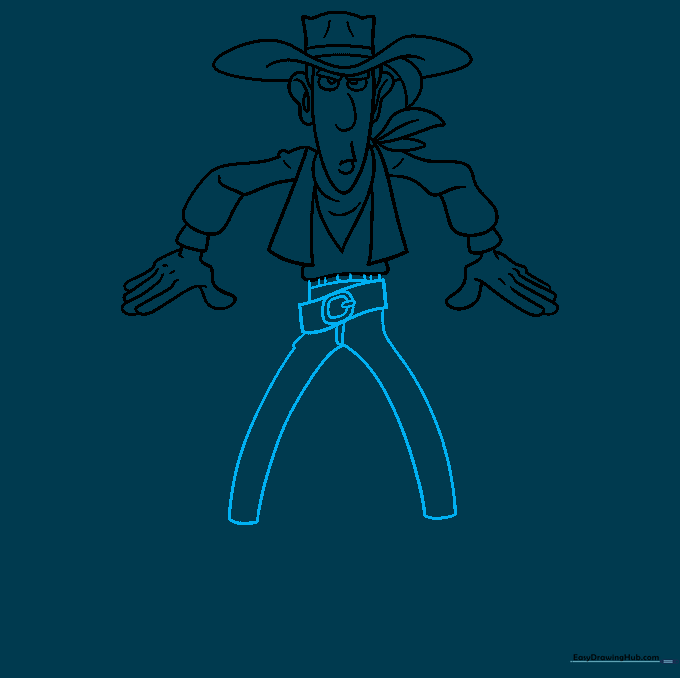 Adding legs, belt, and buckle details to the Lucky Luke drawing.
