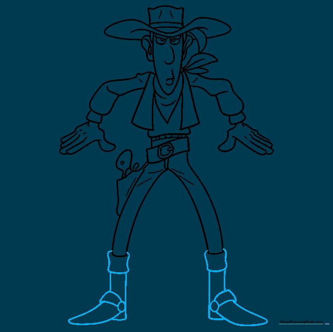 Finalizing the drawing by adding the cowboy boots.