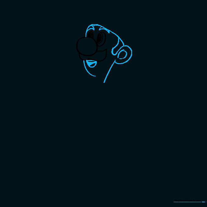 Luigi's head outline showing the ear, eyebrows, and smiling mouth.