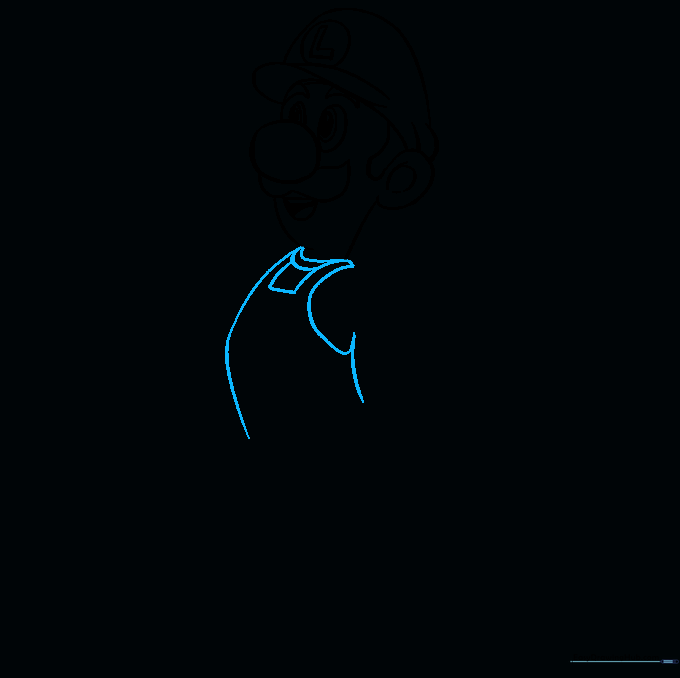 Drawing the torso and overall bib section of Luigi.