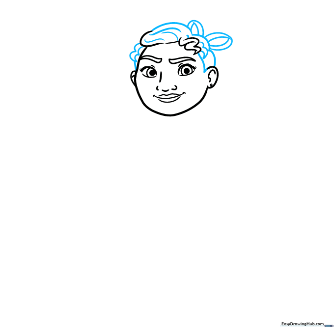 Detailed sketch of Luisa's hair and ponytail ribbon.