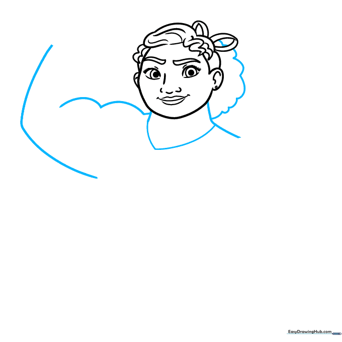 Drawing of Luisa's neck, shoulders, and flexing arm muscles.